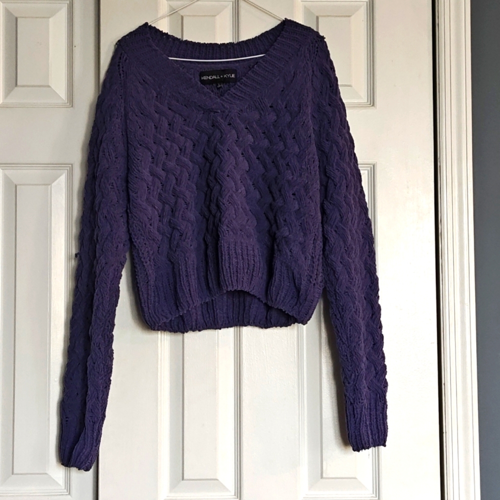 Cropped purple woven chenille sweater, size L
